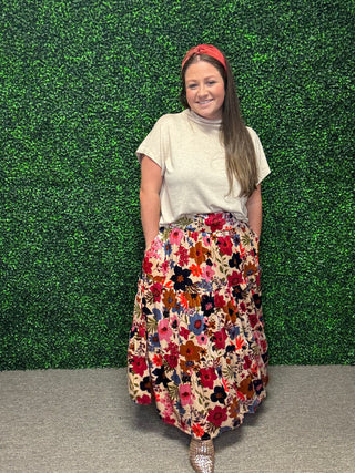 Easel Floral Velvet Tiered Maxi Skirt