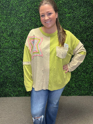 Easel Sage Colorblock Pullover Top