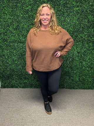 Ultra Soft Semi-Crop Brown Waffle Knit Top