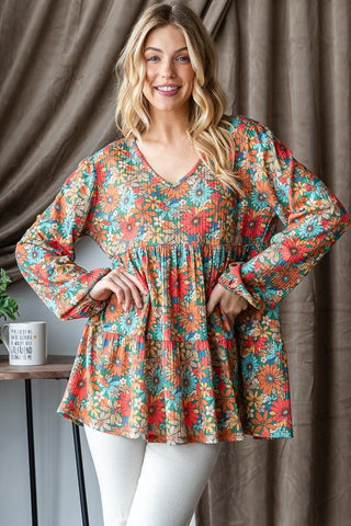 Long Puff Sleeve Waffle Floral Print Tiered Top FINAL SALE
