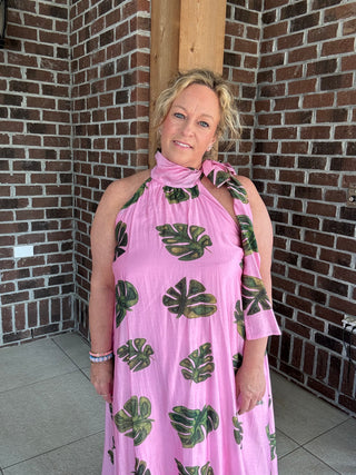 Entro Pink Tropical Halter Dress
