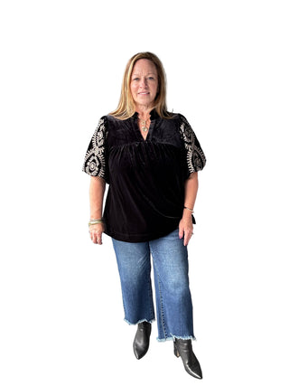 Velvet Embroidered Sleeve Top