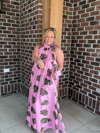 Entro Pink Tropical Halter Dress