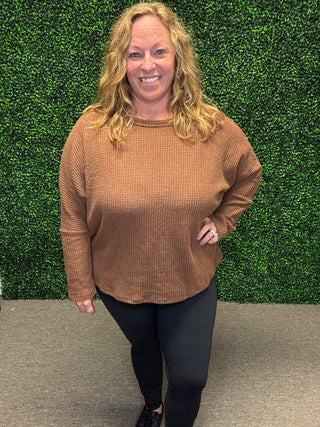 Ultra Soft Semi-Crop Brown Waffle Knit Top