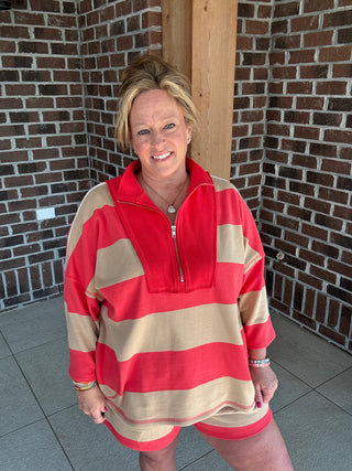 Coral & Sand Striped Half Zip Top-Stitch & Co.