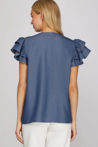 She+Sky Denim Blue Ruffle Sleeve Top