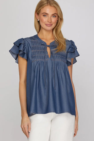 She+Sky Denim Blue Ruffle Sleeve Top