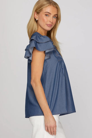 She+Sky Denim Blue Ruffle Sleeve Top