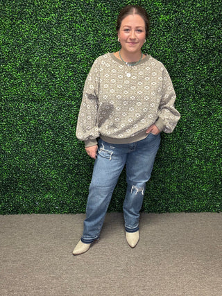 Easel Grey Flower Knit Top