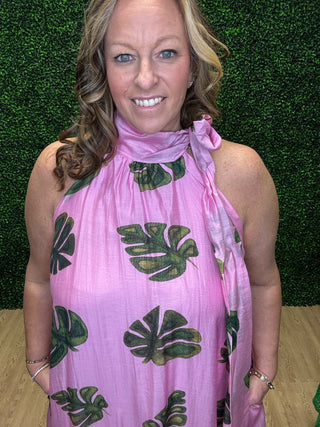 Entro Pink Tropical Halter Dress
