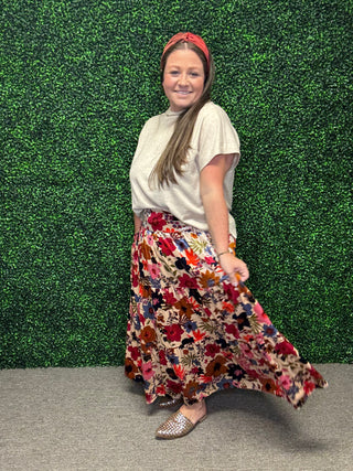 Easel Floral Velvet Tiered Maxi Skirt