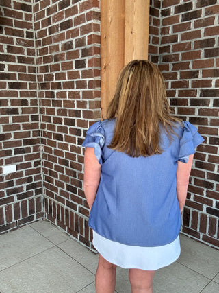 She+Sky Denim Blue Ruffle Sleeve Top