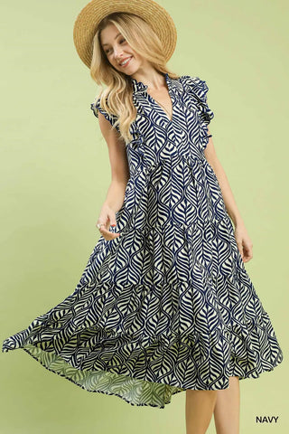 Umgee Leaf Print Tiered Midi Dress