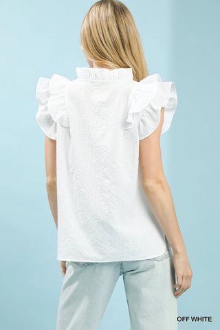 Umgee Textured Ruffle Sleeve V-Neck Blouse
