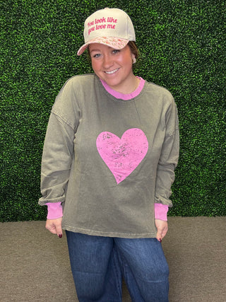 Easel Heart Printed Washed Pullover