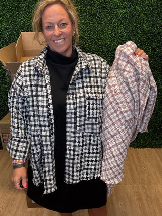 Tweed Plaid Pearl Button Shacket by Umgee