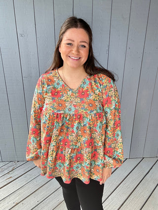 Long Puff Sleeve Waffle Floral Print Tiered Top FINAL SALE