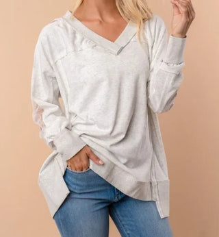 Mesh Sleeve V-Neck Pullover-White Birch FINAL SALE