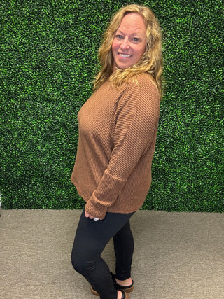 Ultra Soft Semi-Crop Brown Waffle Knit Top