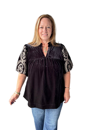 Velvet Embroidered Sleeve Top
