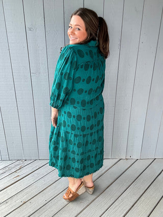 Final sale Solid Dotted V-Neck Collared Tiered Midi Dress with Long Balloon Sleeves