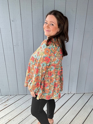 Long Puff Sleeve Waffle Floral Print Tiered Top FINAL SALE