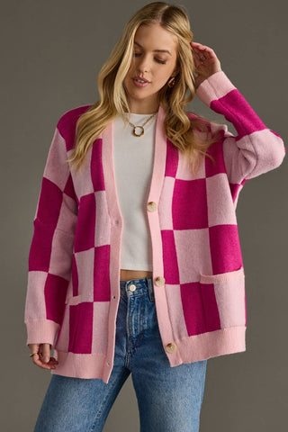 Pink Checkered Cardigan
