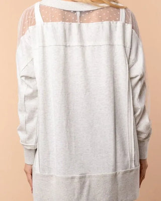 Mesh Sleeve V-Neck Pullover-White Birch FINAL SALE