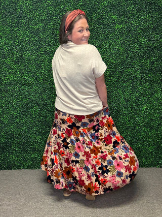 Easel Floral Velvet Tiered Maxi Skirt