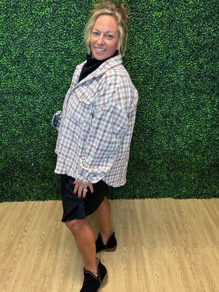 Tweed Plaid Pearl Button Shacket by Umgee
