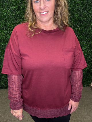 Very J Knit Top with Lace Sleeve