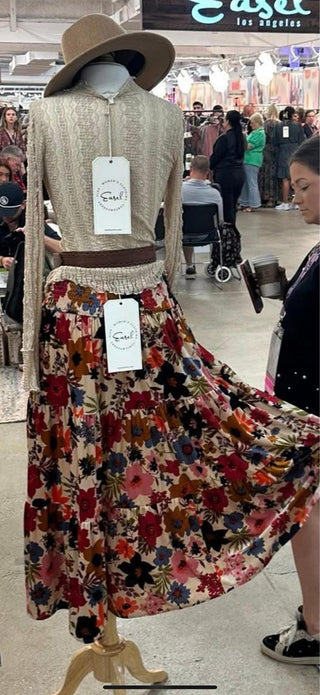Easel Floral Velvet Tiered Maxi Skirt