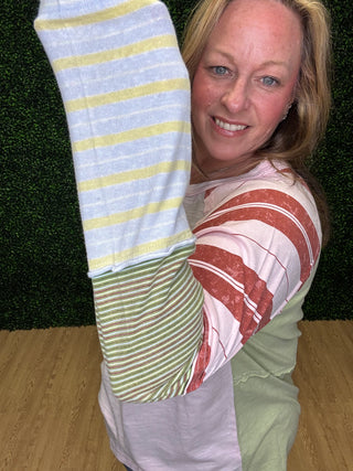 Easel Mixed Striped Washed Cotton Top