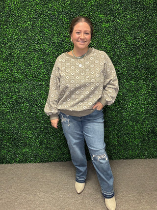 Easel Grey Flower Knit Top