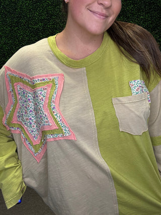 Easel Sage Colorblock Pullover Top