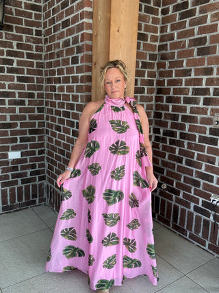 Entro Pink Tropical Halter Dress