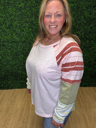 Easel Mixed Striped Washed Cotton Top