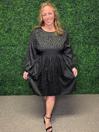 Animal Jacquard Print Long Sleeve Dress with Keyhole Back
