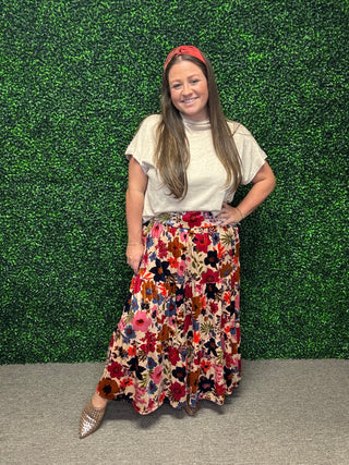 Easel Floral Velvet Tiered Maxi Skirt