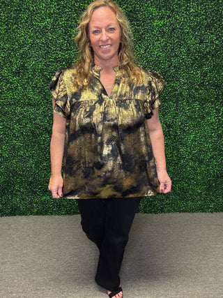 Black and Gold Flutter Sleeve Blouse-Oddi