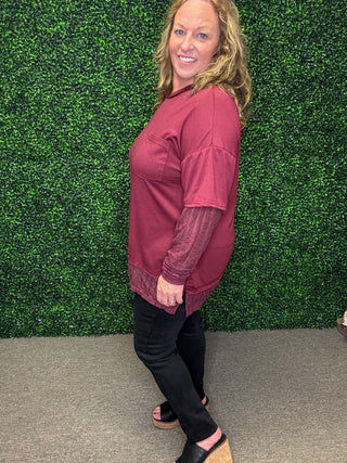 Very J Knit Top with Lace Sleeve