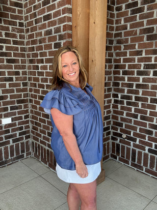 She+Sky Denim Blue Ruffle Sleeve Top