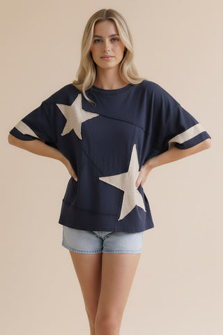 Haptics Navy Star Patchwork Top
