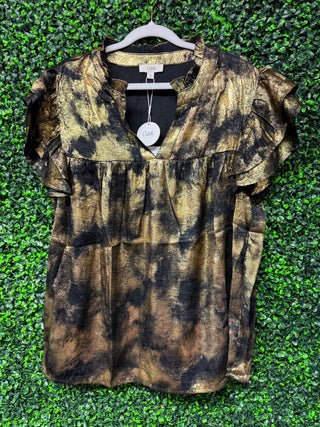 Black and Gold Flutter Sleeve Blouse-Oddi