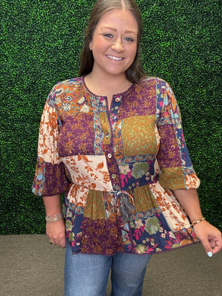 FLORAL PRINTED RAYON GAUZE PEPLUM TOP