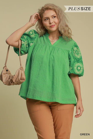 Seersucker Embroidered Blouse