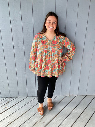 Long Puff Sleeve Waffle Floral Print Tiered Top FINAL SALE