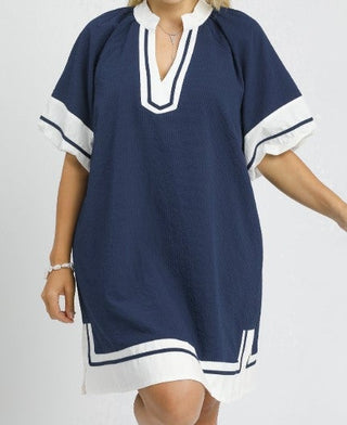 Umgee Textured Colorblock V Neck Mini Dress