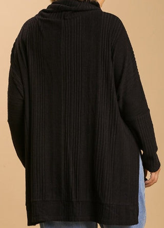 Ribbed cowl neck sweater with side slits