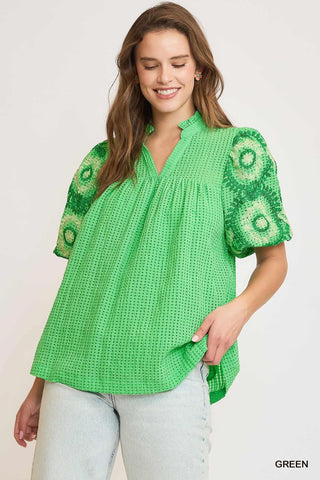 Seersucker Embroidered Blouse